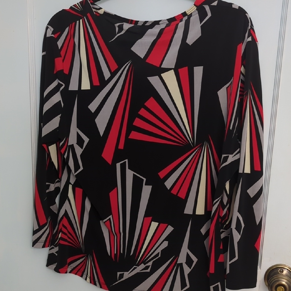 Jon Den Sz L Multicolor Geometric Print 3/4 Sleeve V Neck Blouse